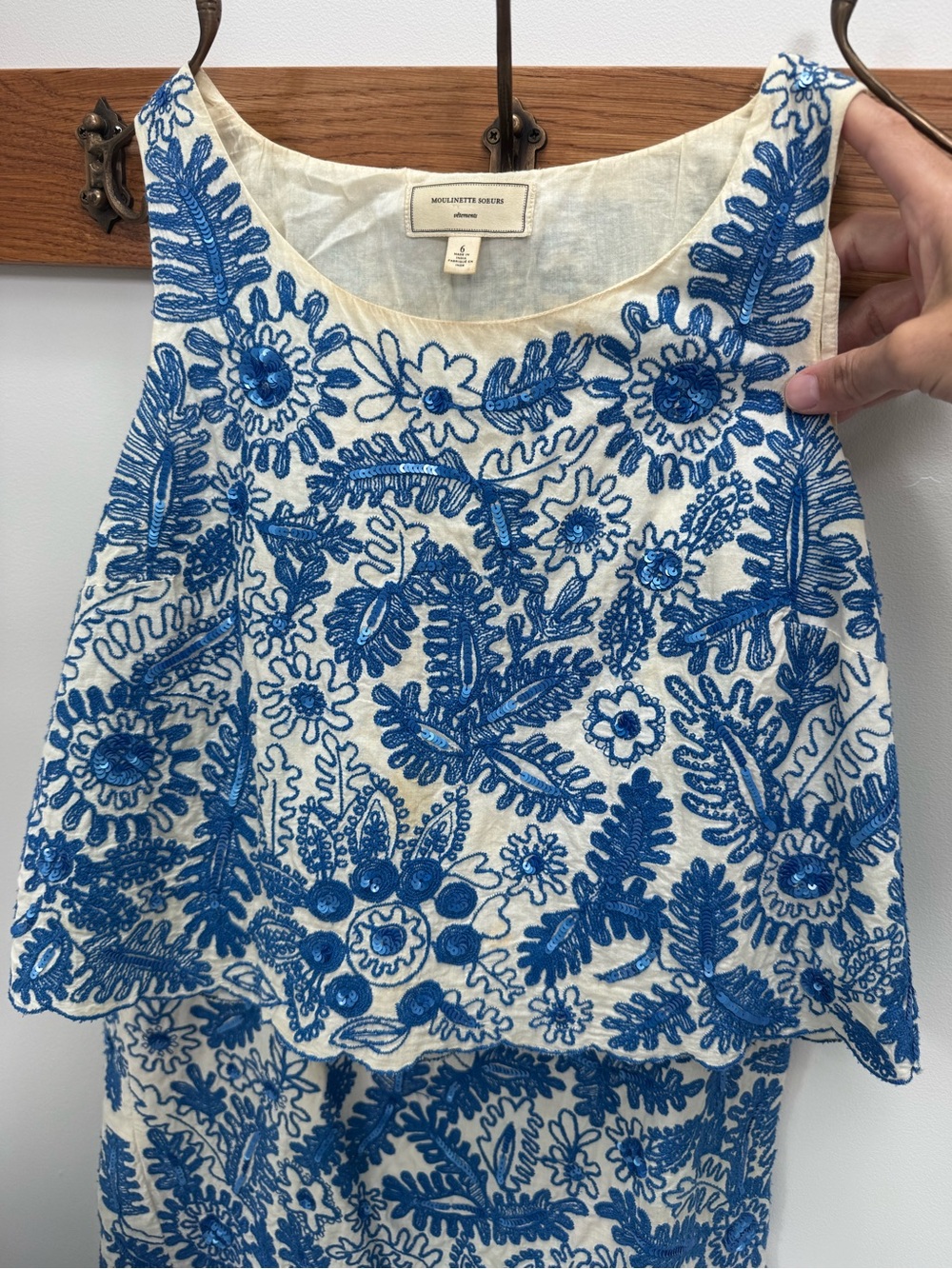 Vintage Moulinette Soeurs Blue & Cream Embroidered skirt and top set